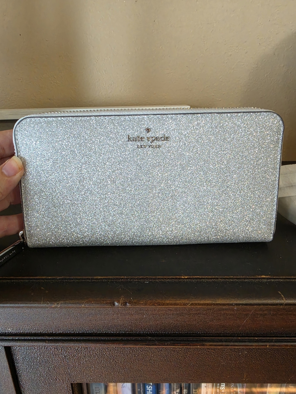 kate spade silver glitter zip-around wallet